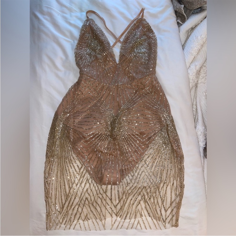 Beaded Nude/Tan Mini Dress with Gold Accents